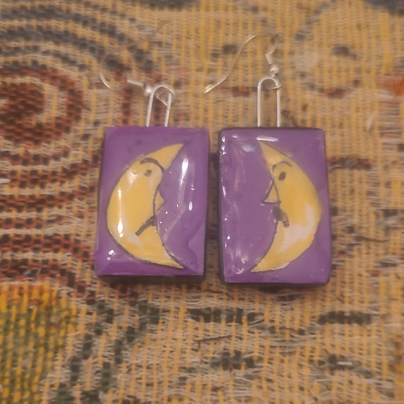 Lunar Charm Purple Earrings Tiny Original Art Hand Painted Moon - Picture 1 of 4